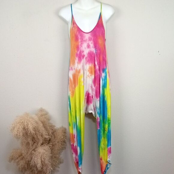 Women Multi Colorful Tie-Dye Jumpsuit sz M Boho Hippie - Picture 2 of 11